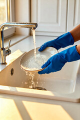 Hands in Blue Rubber Gloves Rinsing a Dirty Plate Under Running Water in a Bright Kitchen Sink