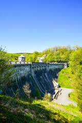 View of the Fürwigge Dam and the surrounding landscape. Nature at the lake near Meinerzhagen and Lüdenscheid.
