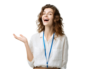 Cheerful professional woman presents an exciting offer with open hand gesture and showing her excitement looking towards the camera an engaging and accessible presentation