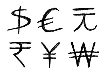 Hand drawn multiple currencies symbol set Dollar euro yuan yen won rupee
