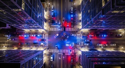 Bank Robbery Response Police Cars City Night Aerial View