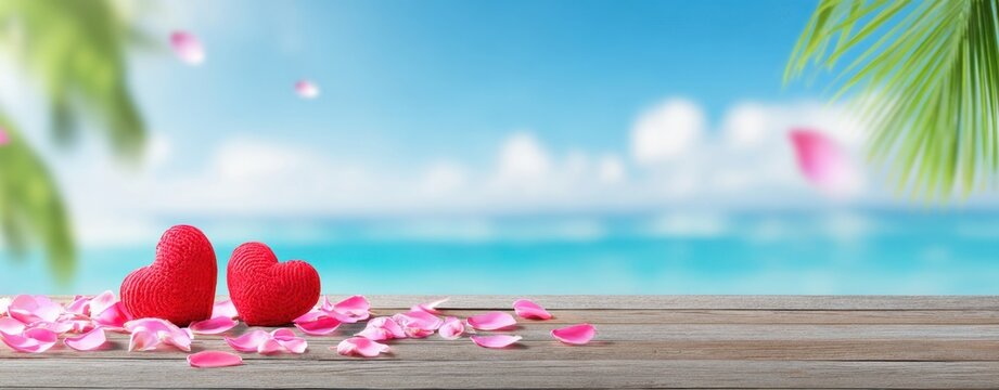 The beautiful red hearts adorned with petals on a romantic beach setting.