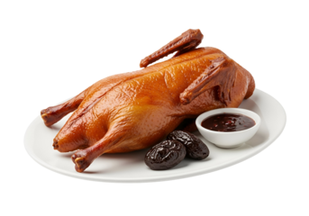 Roasted duck with plum sauce sits on a white plate against a black background, showcasing rich colors and textures.