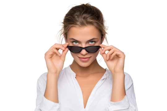 Confident woman adjusting fashionable sunglasses portraying a playful attitude with a modern touch creating intrigue and inviting the audience to explore the possibilities she