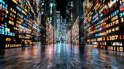 Glowing stock market data displayed on tall screens in vibrant cityscape at night