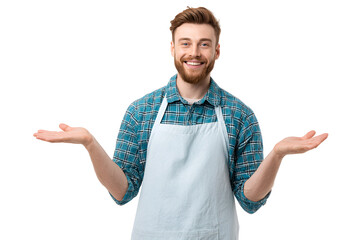 Cheerful bearded man in apron gesturing open palms with friendly smile representing choices or promotion inviting attention to product displayed with positive energy and