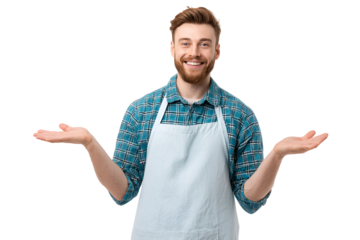 Cheerful bearded man in apron gesturing open palms with friendly smile representing choices or promotion inviting attention to product displayed with positive energy and