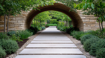 Obraz premium Serene stone archway leading to tranquil garden path surrounded by lush greenery