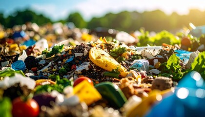 garbage pile with colorful plastic and food waste. Concept of pollution recycling