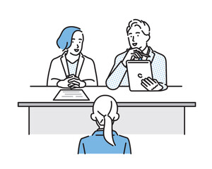 シンプル　イラスト　採用の為に面接を行う人事担当の男性と女性