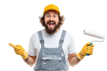 Excited painter presenting a paint roller ready for home makeover project with a happy expression and pointing towards something great for your interior design plans and projects