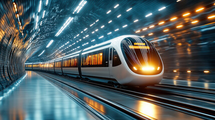 Futuristic subway train arriving at underground station with glowing lights and sleek design