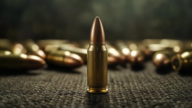 Single bullet standing upright on dark textured surface with blurred background, symbolizing ammunition, weaponry, protection, security, power, defense industry, precision and military concept.