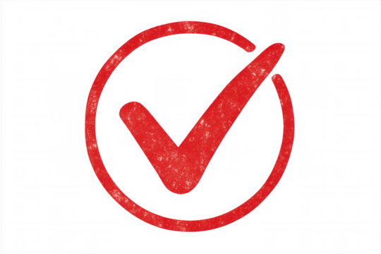 Red textured check mark icon inside a circle symbolizing approval, success, validation, and confirmation