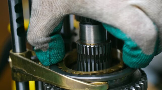 Car mechanic in gloves assembling automotive manual gearbox transmission, installing metal gears on main shaft during detailed repair service in workshop. Mechanic assembling car transmission gearbox
