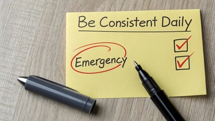 Important Reminder for Daily Consistency in Emergency Situations with Checkmarks and Stationery on a Wooden Table