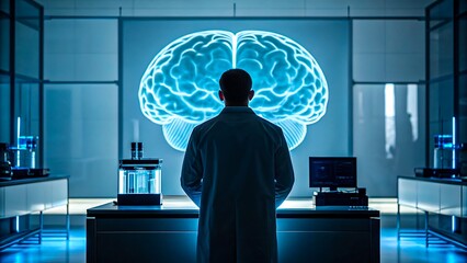 Scientist studying digital brain hologram in futuristic laboratory
