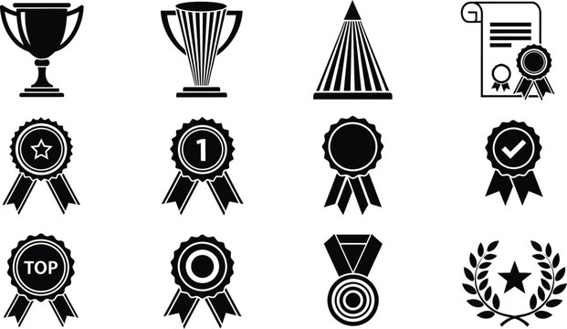 Vector set of awards trophy medal certificate and achievement icons