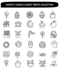 A black and white collection of Halloween-themed candy and sweet treats, featuring various spooky icons.