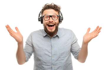 Cheerful male customer service representative with headset and glasses expressing positive emotions presenting with enthusiasm the excellent benefits of product purchase amazing