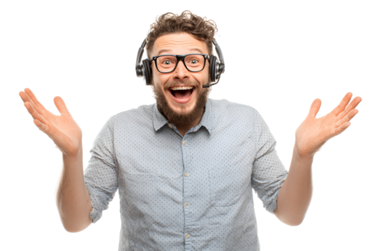 Cheerful male customer service representative with headset and glasses expressing positive emotions presenting with enthusiasm the excellent benefits of product purchase amazing