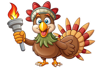 Cartoon turkey holding a torch isolated on transparent background