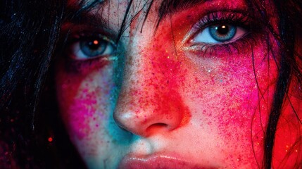 Naklejka premium Close-up of colorful face makeup with sparkles and vibrant lighting effects