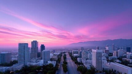 Obraz premium Vibrant Skyline Aerial View with Pink Sunset Sky and Modern Skyscrapers at Twilight