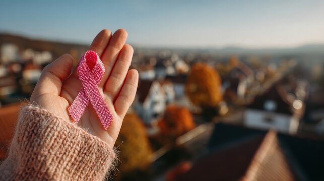 Young woman hand hold pink Ribbon and wear shirt for support people life and illness. National cancer survivors month, Mother and World cancer day concept,Pink October Breast Cancer Awareness month.