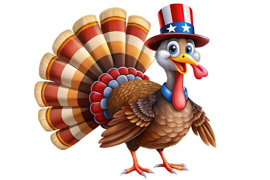 Cartoon turkey wearing an american flag hat isolated on transparent background