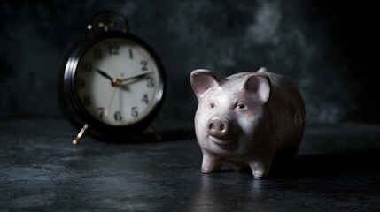 Piggy bank and alarm clock symbolizing the value of time and savings