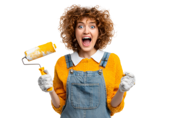 Cheerful woman expressing joy holding a paint roller ready for a new home improvement project with excitement and a smile home remodeling concept painting fun