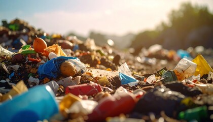 Fototapeta premium garbage pile with colorful plastic and food waste. Concept of pollution recycling