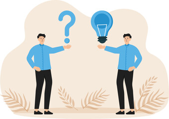Question and answer and solving problem or business solution, ask for reply or idea,solve difficulty and trouble, businessman hand holding question mark with other reply with lightbulb
