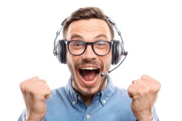 Excited support agent cheering and wearing headset with glasses shows extreme happiness in professional online communication success for call center and customer care services