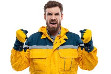 Irritated worker showing frustration with hand gestures wearing safety gloves and jacket feeling aggressive after labor demanding action expressing strong emotion raising his