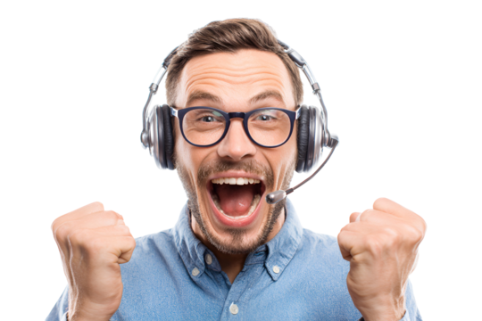 Excited support agent cheering and wearing headset with glasses shows extreme happiness in professional online communication success for call center and customer care services