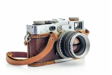 Vintage Camera Photography Classic Style Brown Leather Case and Strap on transparent background