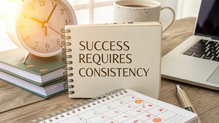 Success Requires Consistency Inspirational Message on Desk with Clock, Calendar, Coffee Mug, and Laptop in Bright Workspace