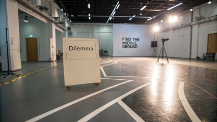 Creative Studio Space with Dilemma Sign and Soft Lighting for Idea Exploration and Collaboration Activities