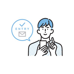 シンプル　イラスト　スマホで求人にエントリーする男性