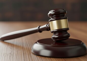 A dark wood gavel rests on its sounding block on a wooden surface