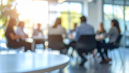 Blurry group of various experts is having a roundtable meeting in the conference room.