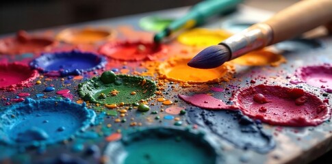 Obraz premium Vibrant Artists Palette Overflowing with Colorful Oil Paints, Ready for Creative Inspiration. Brushes Rest Gently Awaiting the Next Masterpiece.