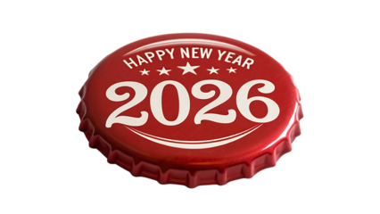 Happy new year 2026 bottle cap isolated on transparent background, festive design