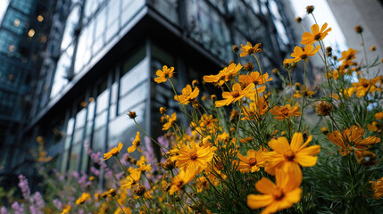 Obraz premium Urban expansion contrasts beautifully with vibrant vegetation as flowers bloom near modern architecture, creating harmonious scene