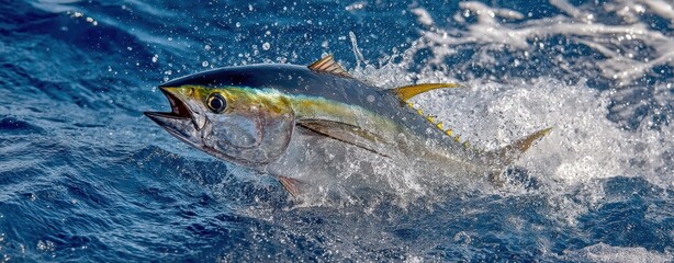 The majestic tuna breaching the surface of the ocean in mid-air.