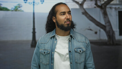 Man with beard and visible face looking to the side on a street wearing a denim jacket and white t...