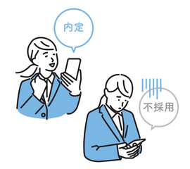 シンプル　イラスト　内定が決まって喜ぶ女性と不採用で落ち込む女性