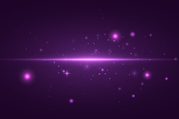 Obraz premium Purple light on a dark background. Bright glowing beam with glitter and lens flares. Abstract rays. Vector illustration.